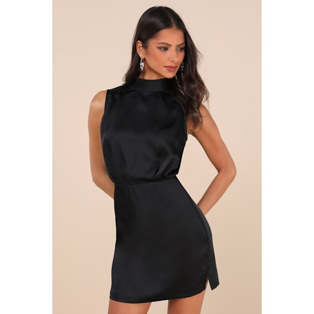 Lulus Classic Elegance Black Satin Sleeveless Mock Neck Mini Dress - Size M